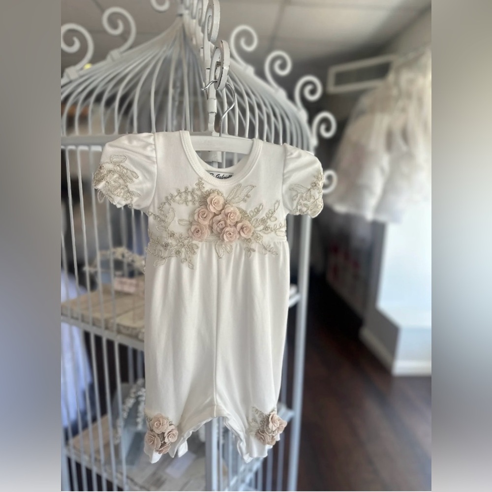Bebe Gabrielle macis design christening Ivory Pink Rosette Gold Embroidery